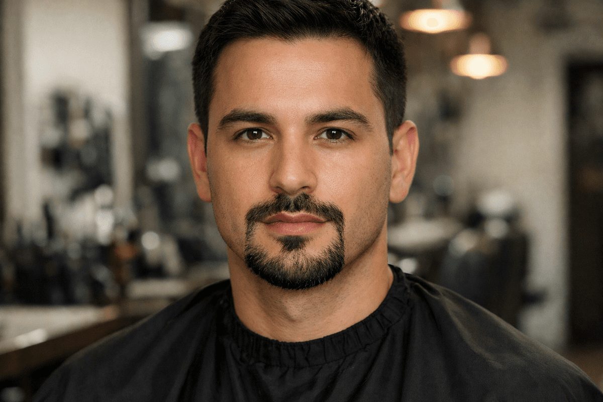 Cavanhaque conectado em homem com formato de rosto oval, bigode unido ao queixo