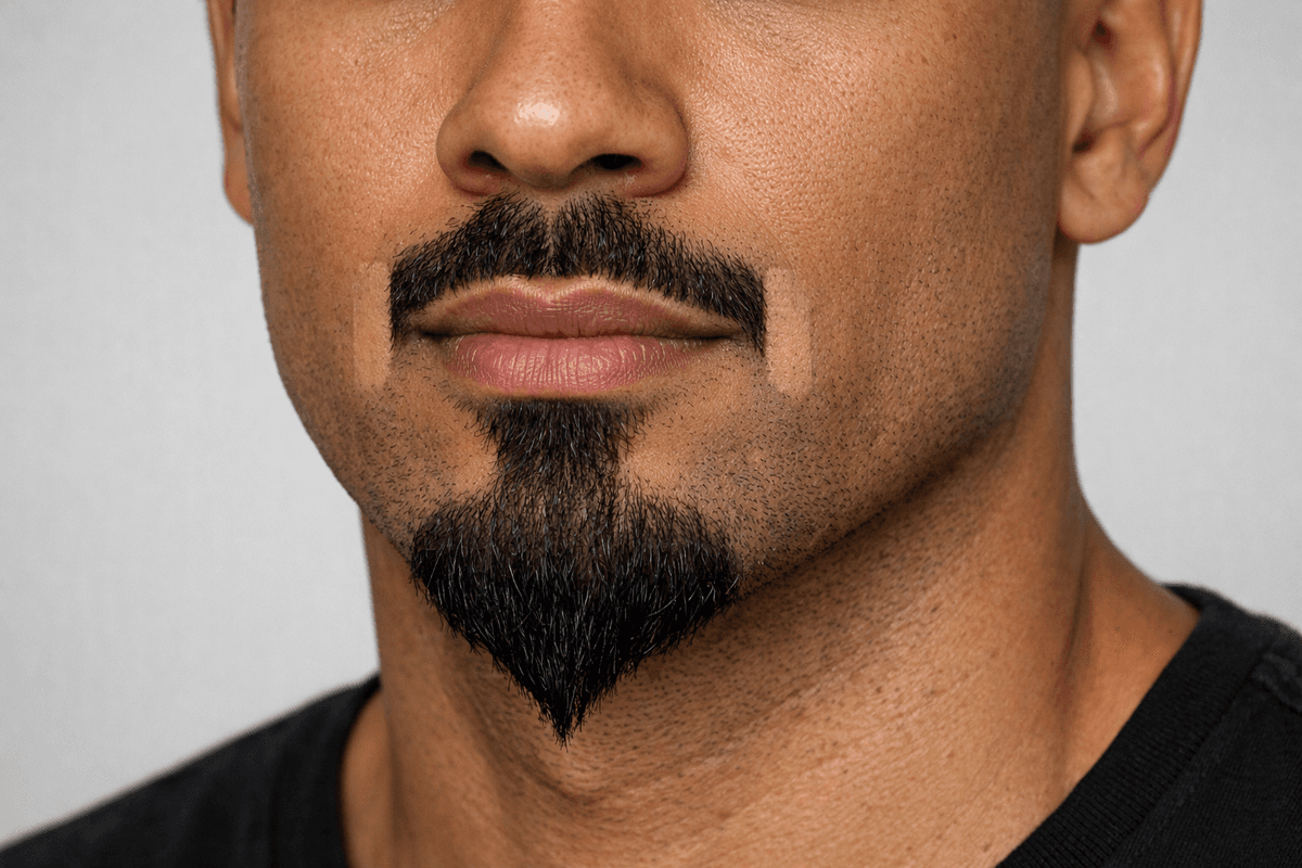Van Dyke com bigode e barba do queixo visivelmente separados