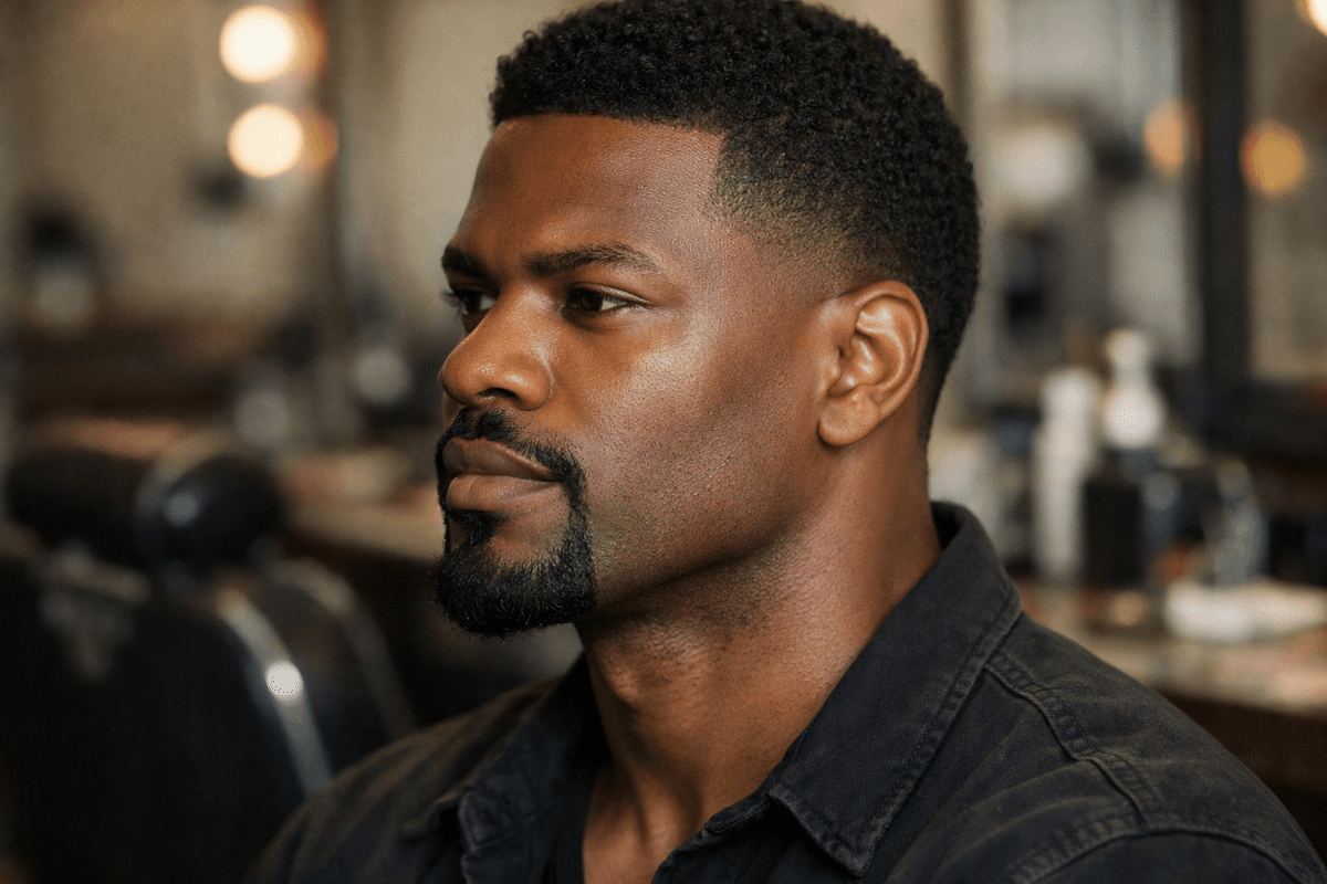Cavanhaque em rosto quadrado, perfil mostrando linha da mandíbula angular e barba concentrada no centro
