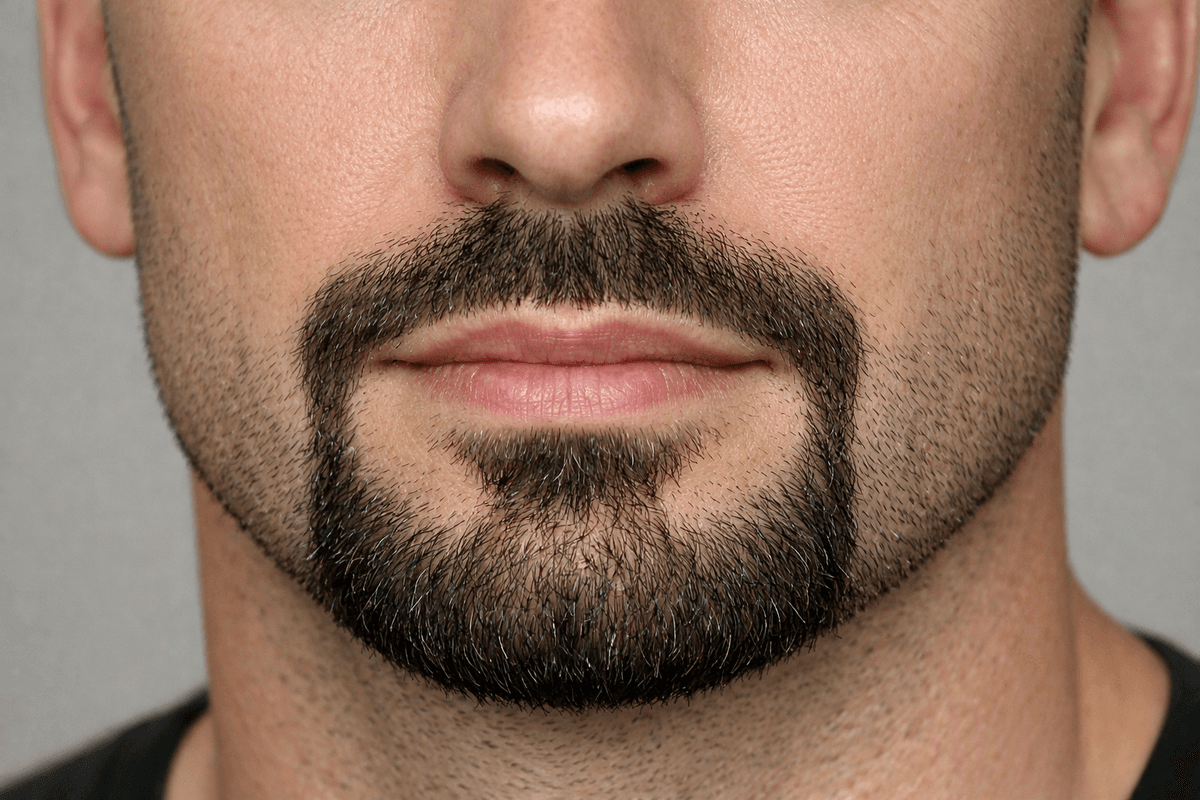 Cavanhaque conectado com contorno visível e barba por fazer nas bochechas