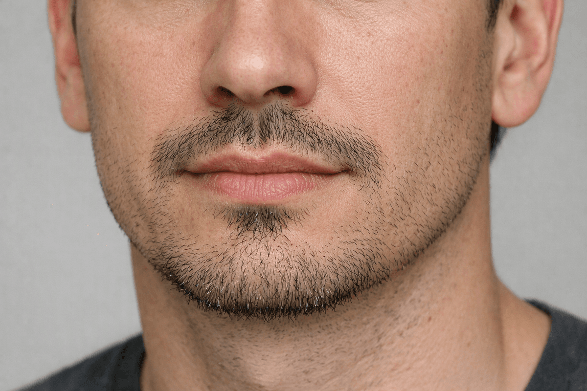 Bigode separado do cavanhaque pontudo, com pelos curtos ao redor