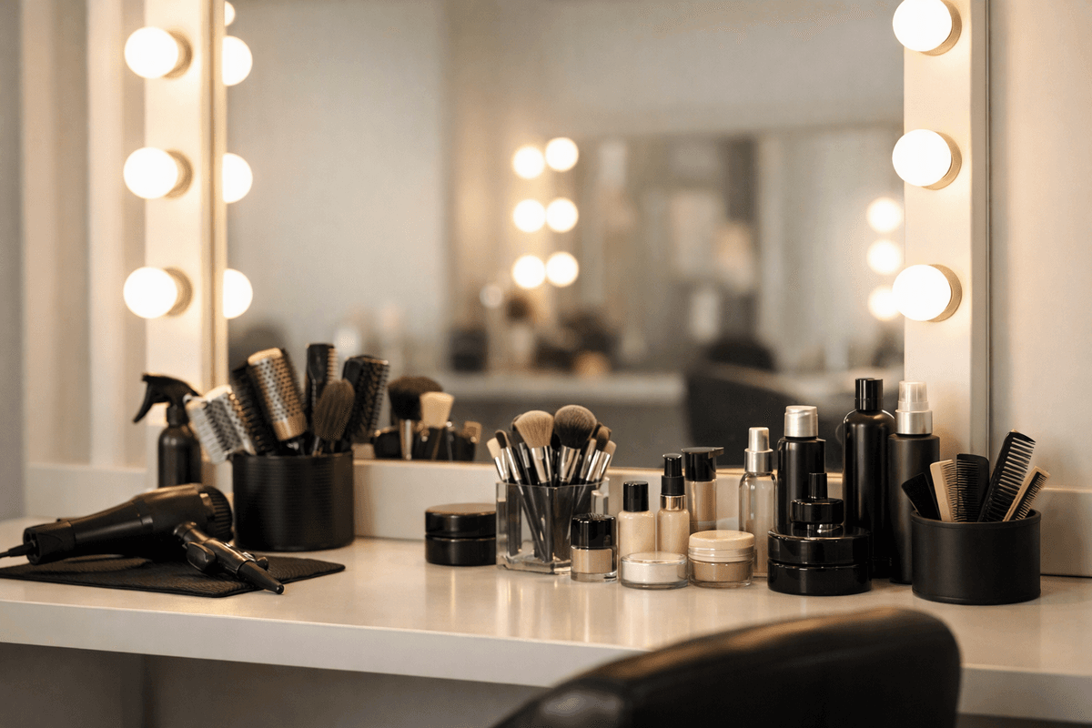 Ambiente de salão de beleza com espelho iluminado e ferramentas de trabalho organizadas