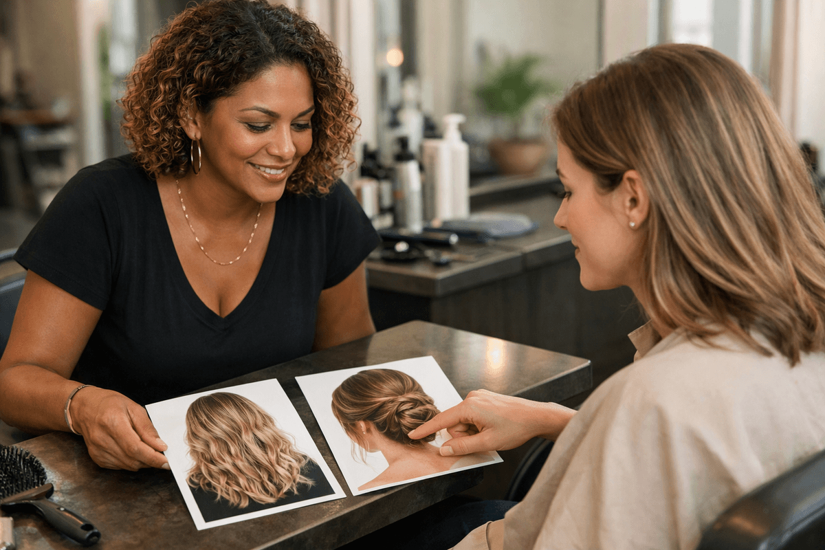 Profissional e cliente comparando referências de corte durante uma consulta de visagismo