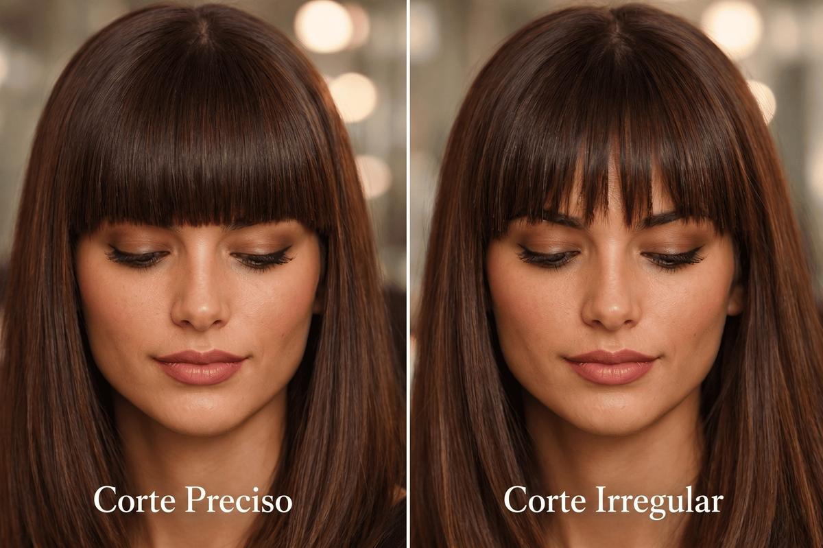 Comparação visual de linha de corte precisa versus imprecisa em franja reta de cabelo liso castanho