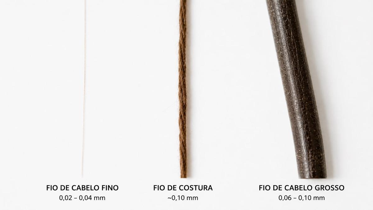 Comparação da espessura de um fio de cabelo fino com um fio de costura e um fio de cabelo grosso