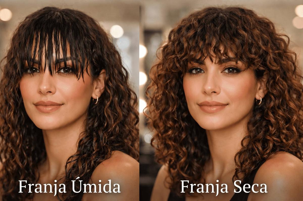 Comparação visual de franja cacheada molhada versus seca mostrando encolhimento de 50%