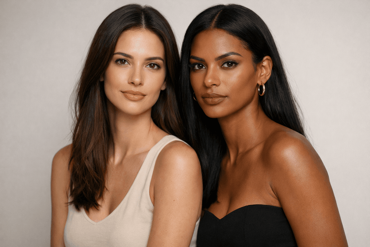 Comparação visual entre rosto oblongo e rosto retangular em mulheres brasileiras