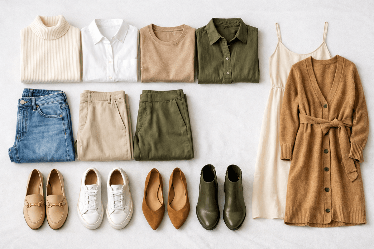 Conjunto de peças essenciais de guarda-roupa cápsula organizadas por categoria