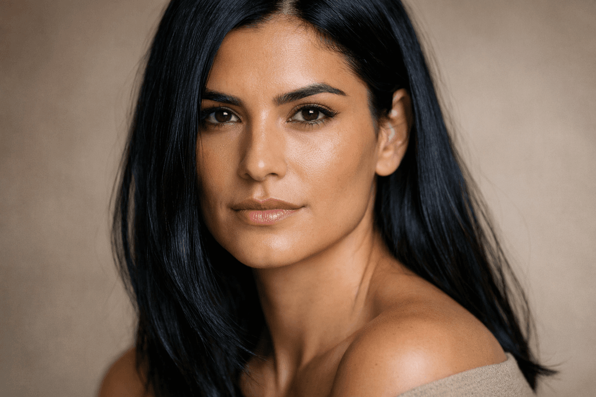 Mulher com pele morena e cabelo preto azulado demonstrando harmonia com subtom frio