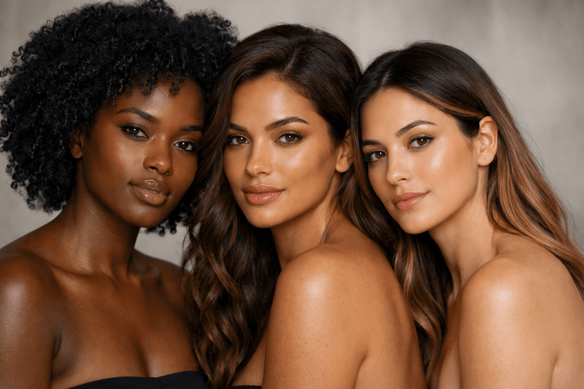 Três mulheres com tons diferentes de pele morena demonstrando cores de cabelo adequadas para cada intensidade