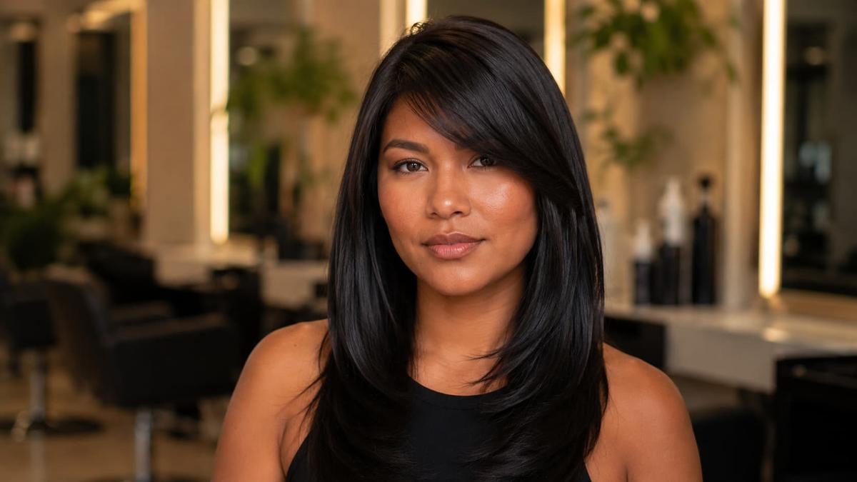 Mulher com rosto coração e cabelo preto longo em camadas e franja lateral em um salão de beleza.