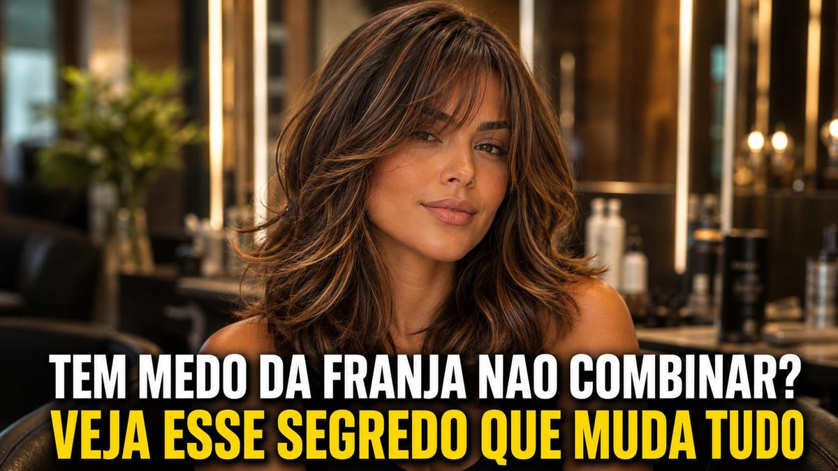 Mulher com corte em camadas com franja em banner com o texto sobreposto: Tem medo da franja nao combinar? Veja esse segredo que muda tudo.