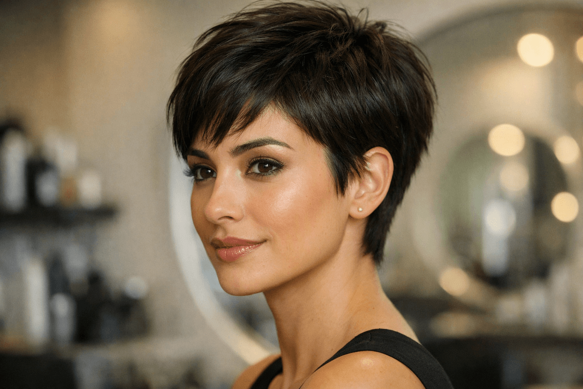 Corte pixie degradê em mulher com rosto oval mostrando camadas texturizadas no topo