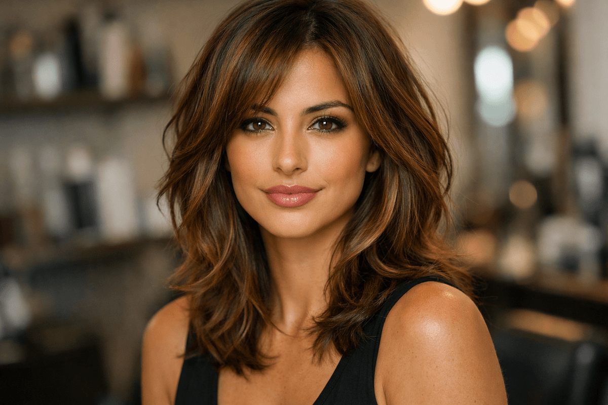 Corte degradê médio com camadas progressivas em mulher com cabelo ondulado até os ombros