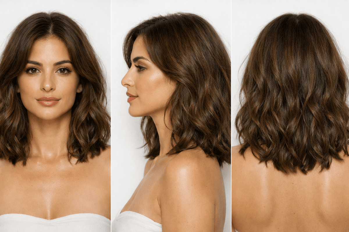 Mulher com cabelo médio ondulado castanho em três ângulos diferentes mostrando versatilidade do comprimento