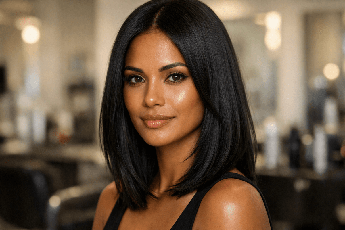 Corte médio reto com camadas sutis em mulher com rosto oval e cabelos pretos lisos