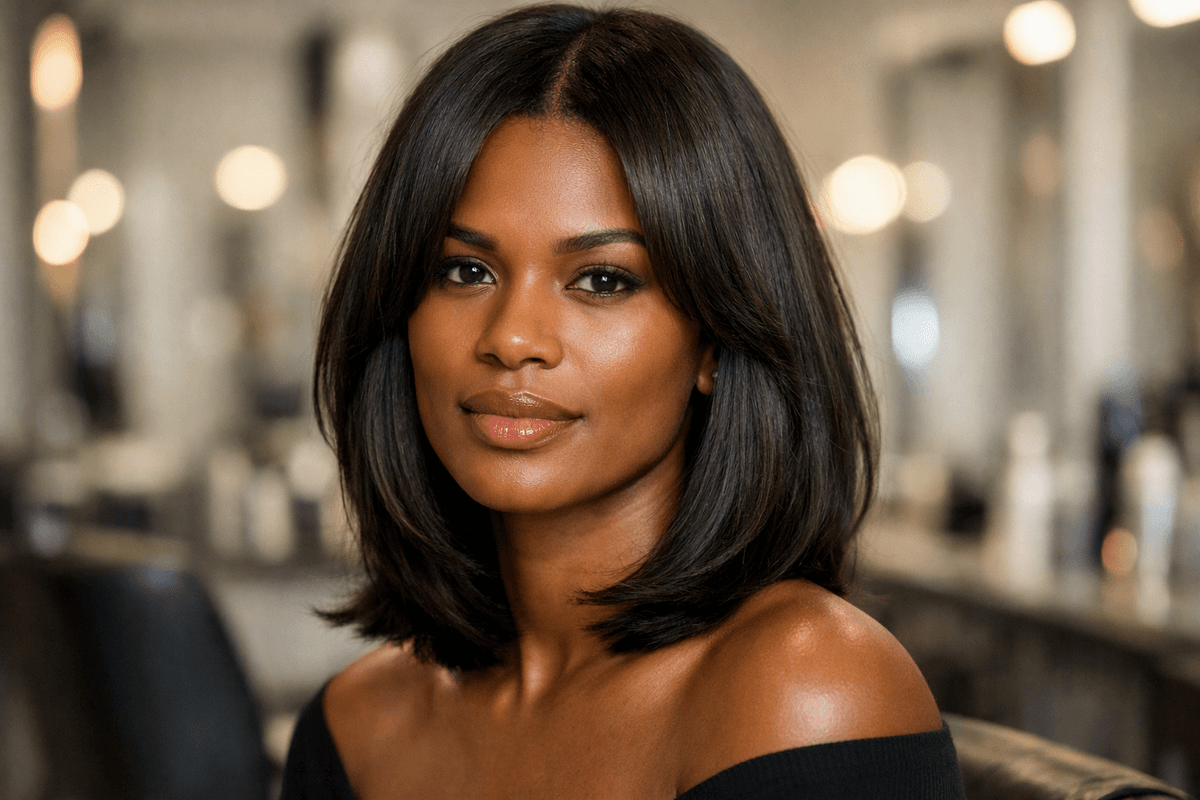 Corte médio texturizado com camadas suaves em mulher com rosto quadrado e cabelo liso escuro