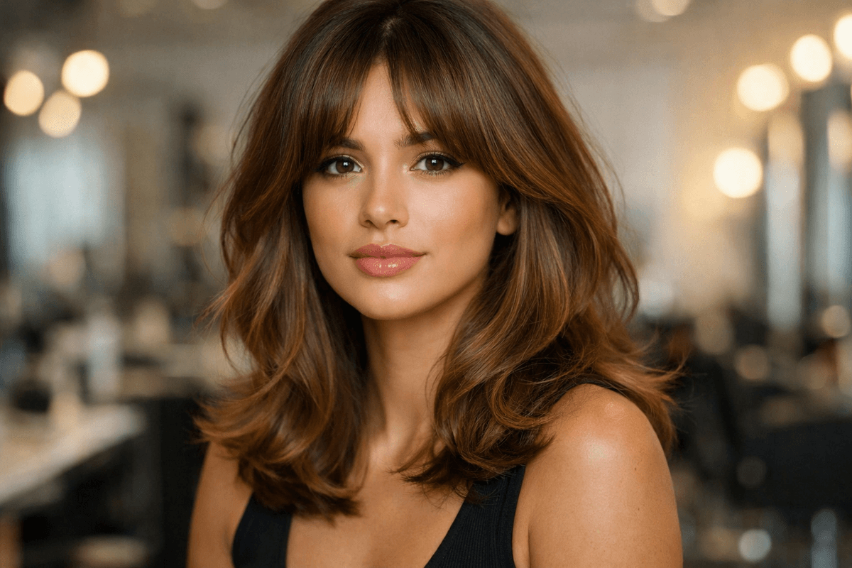 Corte médio com volume nas pontas em mulher com rosto coração e cabelo ondulado mel