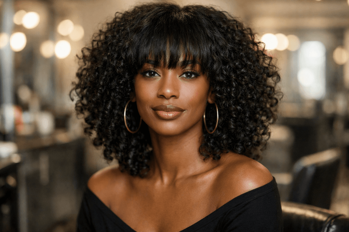 Corte médio com franja e volume lateral em mulher com rosto longo e cabelo cacheado preto