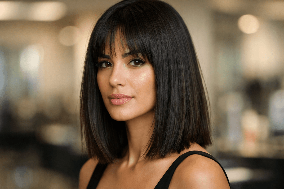 Corte médio reto com desfiado nas pontas em mulher com cabelo liso castanho escuro