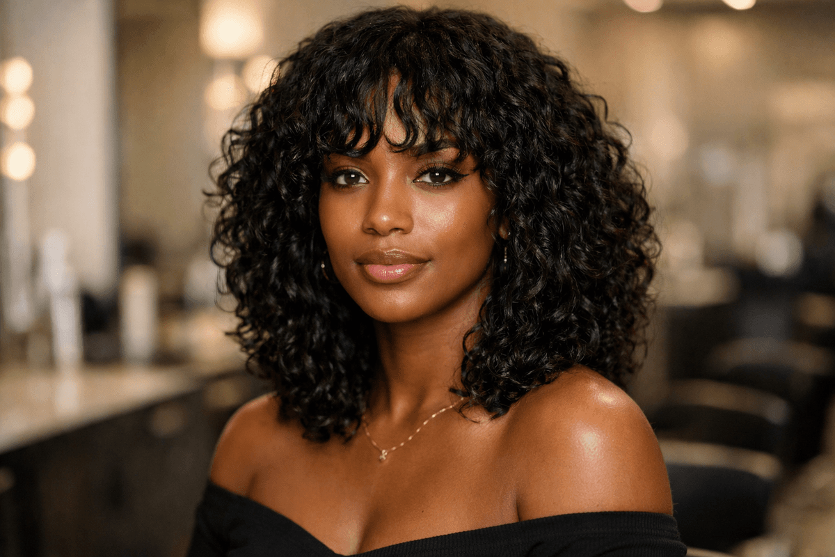 Corte médio em camadas para volume controlado em mulher com cabelo cacheado preto