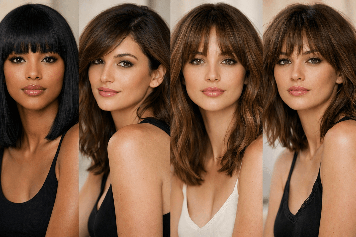 Quatro tipos de franja em cabelo médio: reta, lateral, cortina e repicada