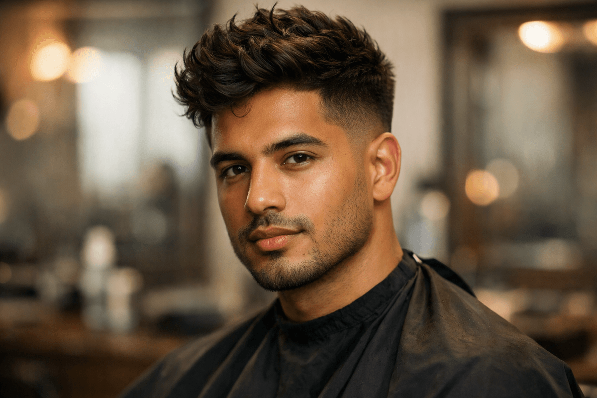Corte jaca masculino com degradê lateral e volume no topo em homem com rosto oval