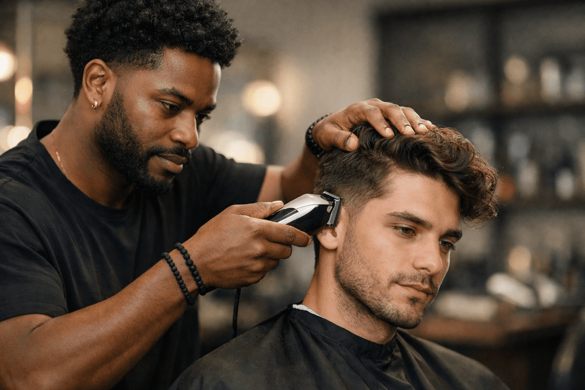Barbeiro executando corte jaca com máquina em cliente de cabelo ondulado