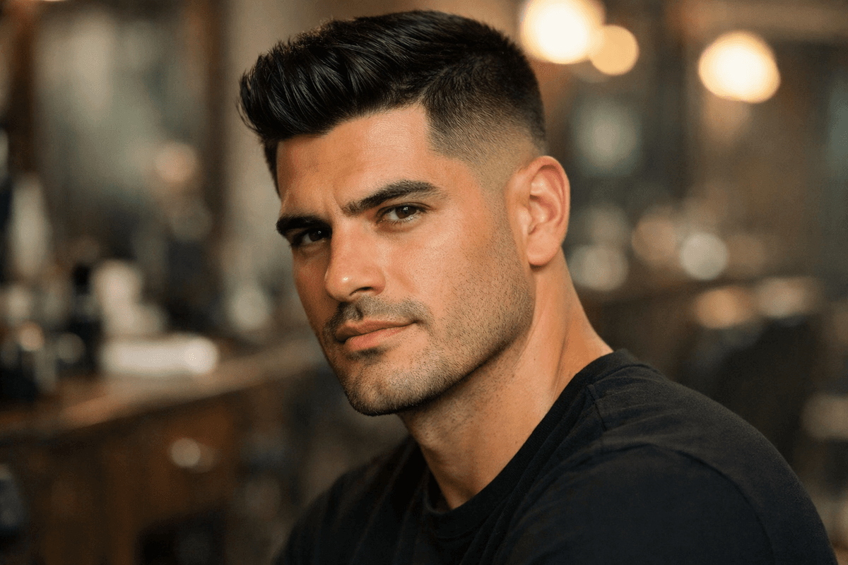Corte jaca clássico em homem com rosto quadrado e cabelo liso escuro