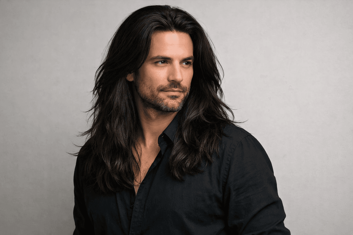 Cabelo longo masculino com caimento natural abaixo dos ombros