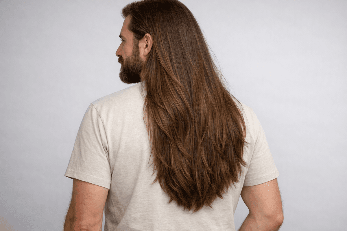 Camadas longas em cabelo masculino abaixo dos ombros