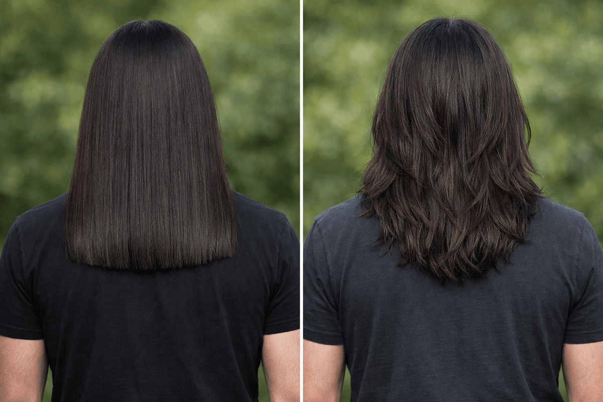 Comparação entre base reta e camadas longas no cabelo masculino