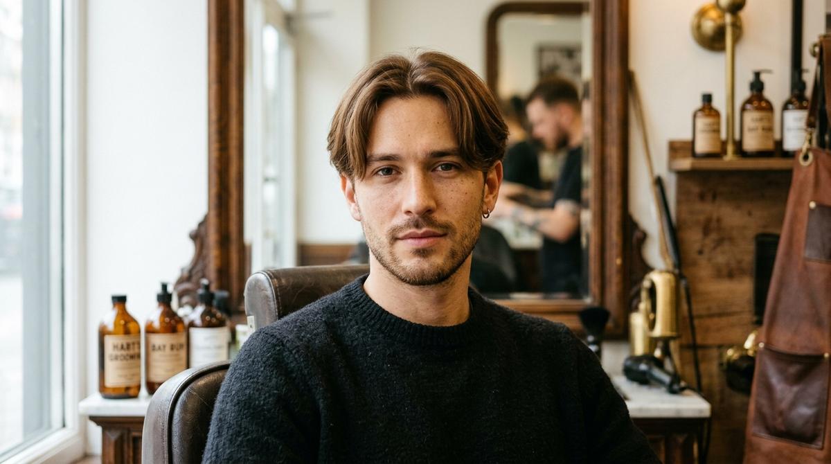 Curtain haircut com franja dividida ao meio em homem de cabelo liso médio