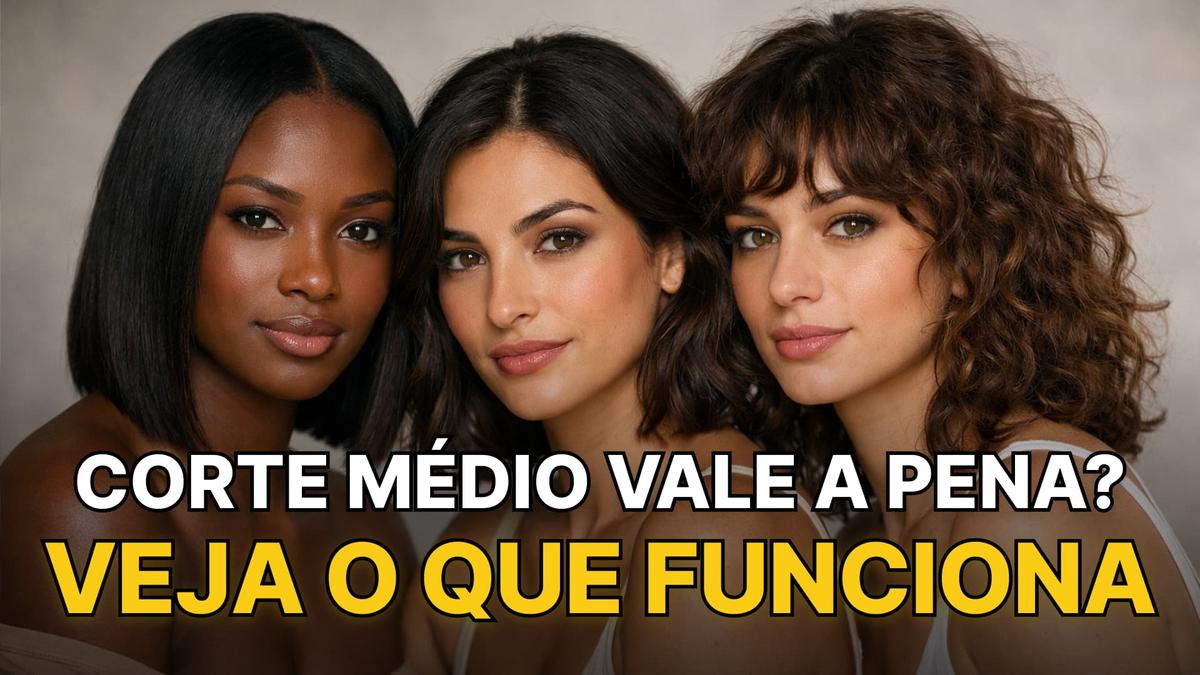 três mulheres com cortes de cabelo médio moderno juntas num estúdio, com texto: CORTE MÉDIO VALE A PENA? VEJA O QUE FUNCIONA.