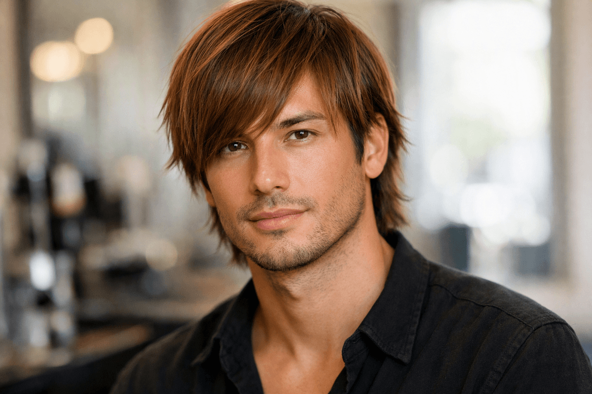 Corte surfista em cabelo liso castanho claro mostrando camadas e franja lateral em homem com rosto oval