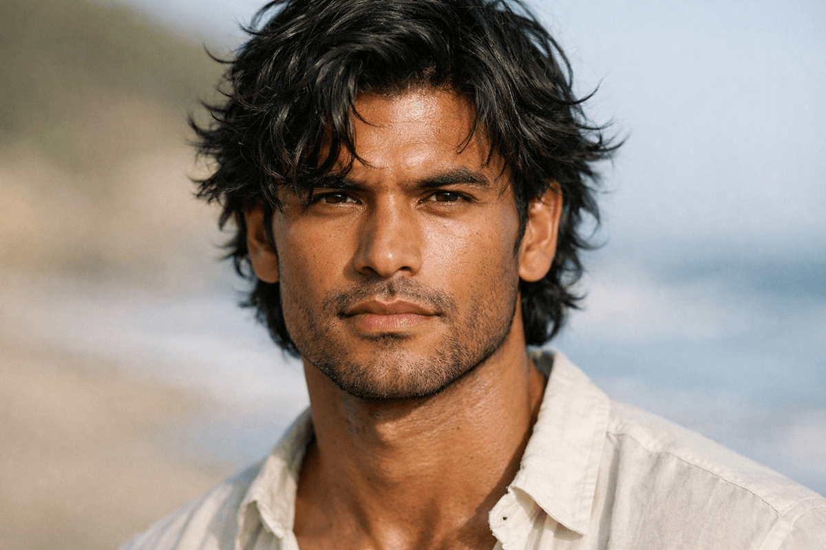 Corte surfista em cabelo ondulado escuro mostrando textura natural e volume em homem com rosto quadrado