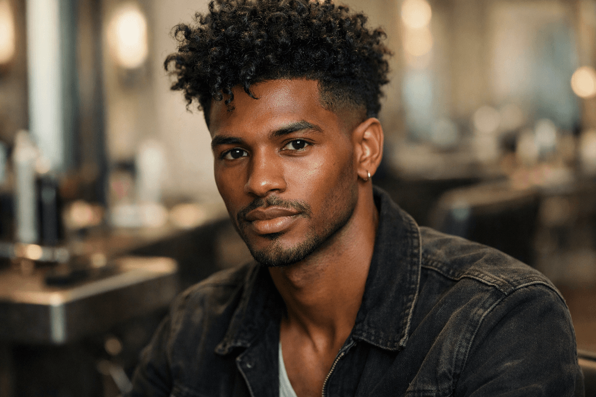 Corte surfista em cabelo cacheado preto mostrando volume natural e textura de cachos em homem com rosto diamante