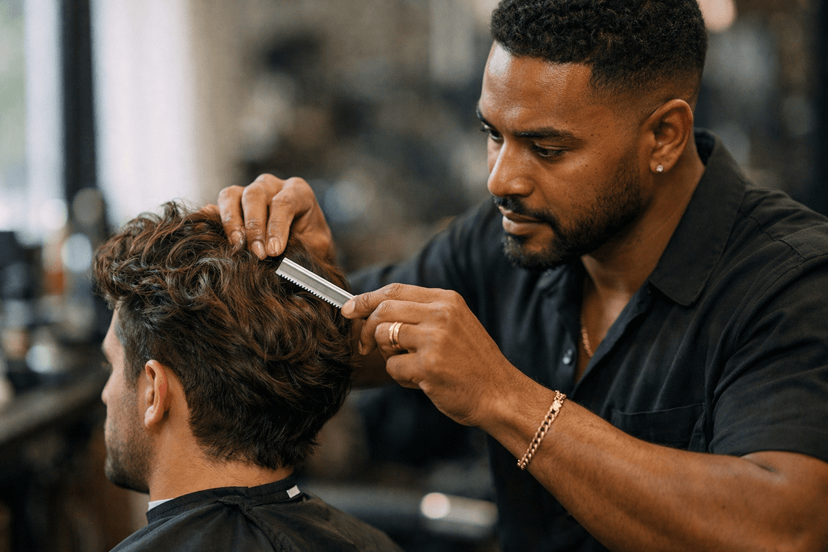 Barbeiro aplicando técnica de texturização com navalha em cabelo masculino castanho médio em salão