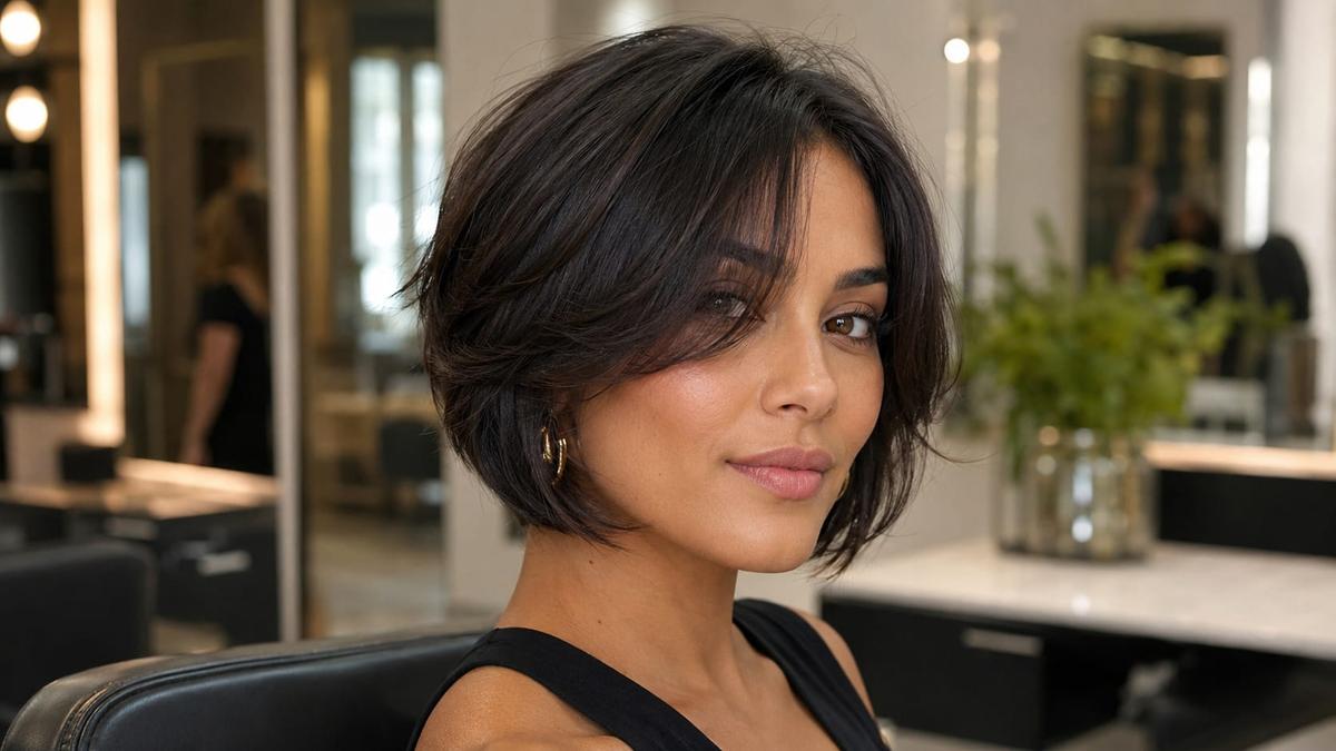 Mulher com corte em camadas com franja desfiada em cabelo curto estilo bob de cor escura.