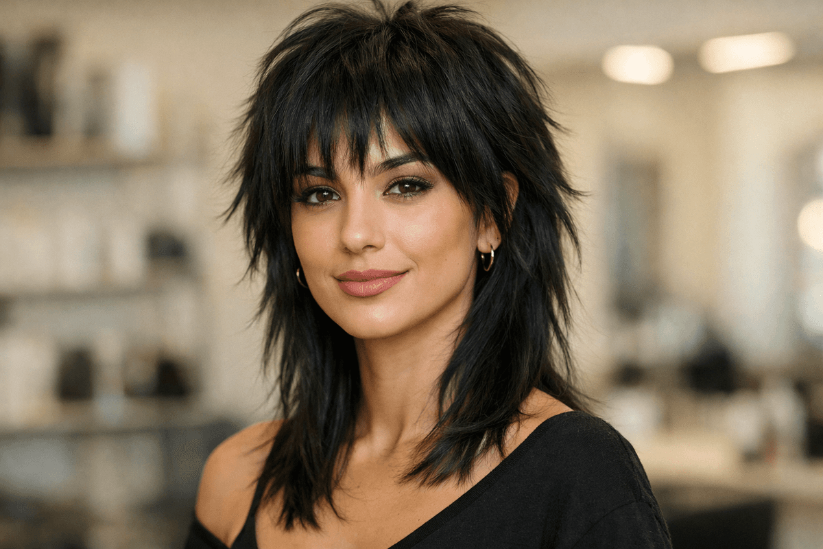 Wolf cut médio com volume no topo em mulher brasileira de cabelo liso