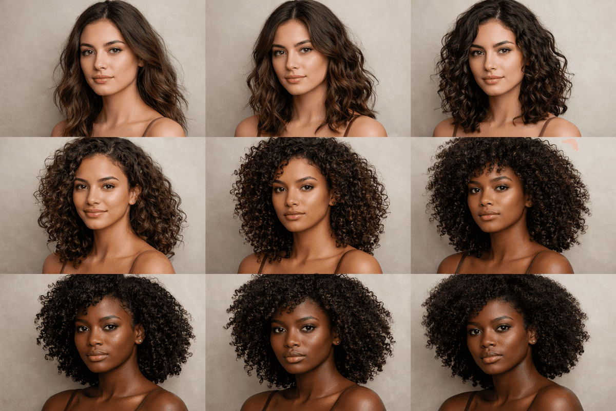 Comparação visual dos nove tipos de cachos de 2A a 4C em mulheres diversas