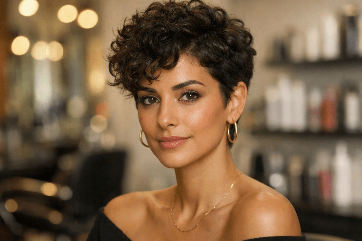 Corte pixie cacheado tipo 3A em mulher com rosto oval e pele morena