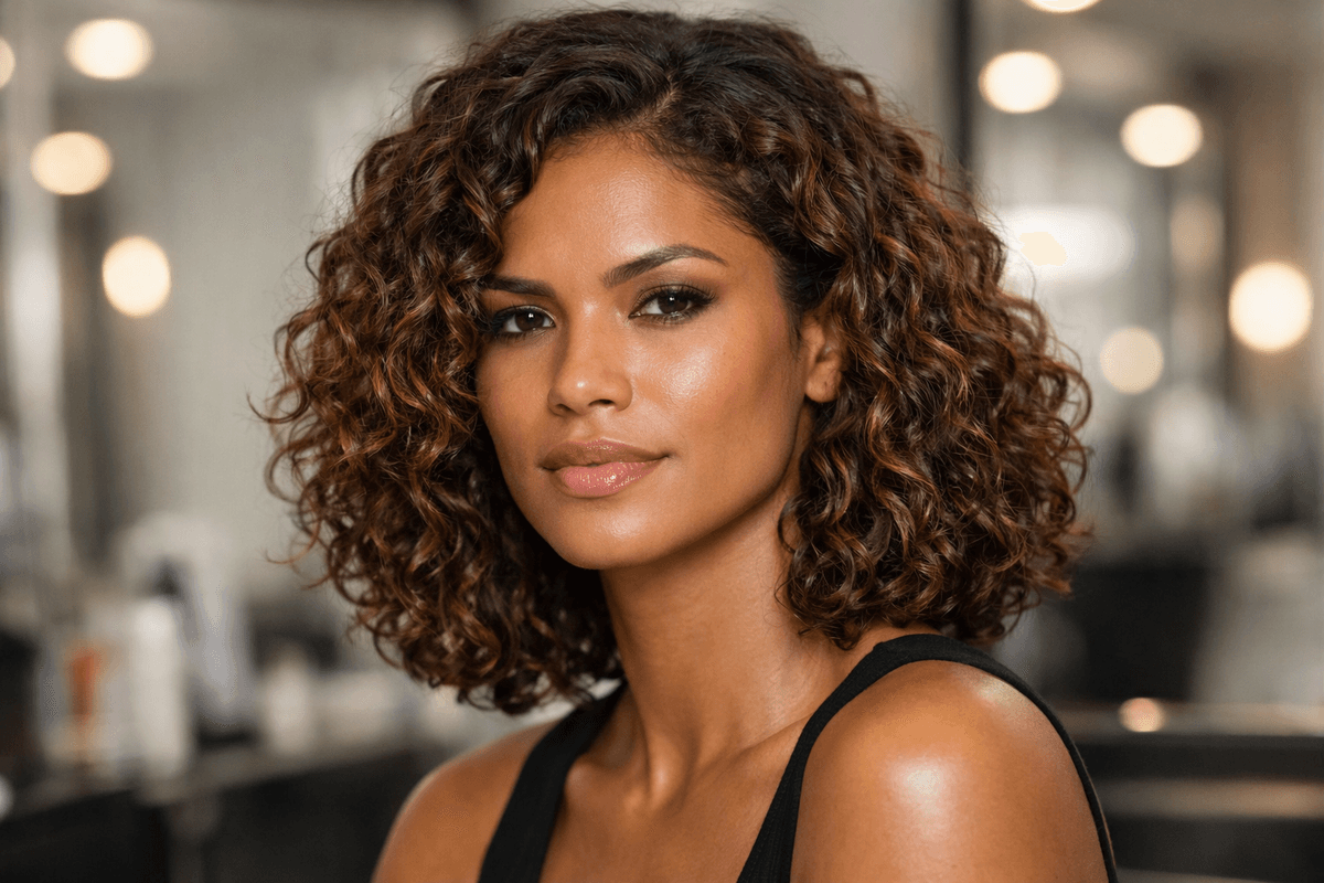 Long bob cacheado tipo 3B em mulher com rosto quadrado e cachos definidos