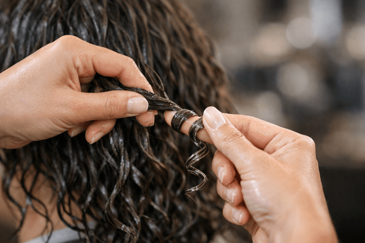Demonstração da técnica de fitagem para definição de cachos em cabelo médio