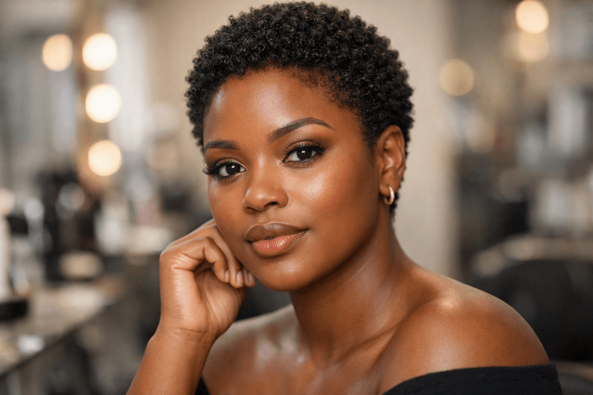 Mulher com cabelo natural crespo tipo 4C após big chop em corte curto uniforme