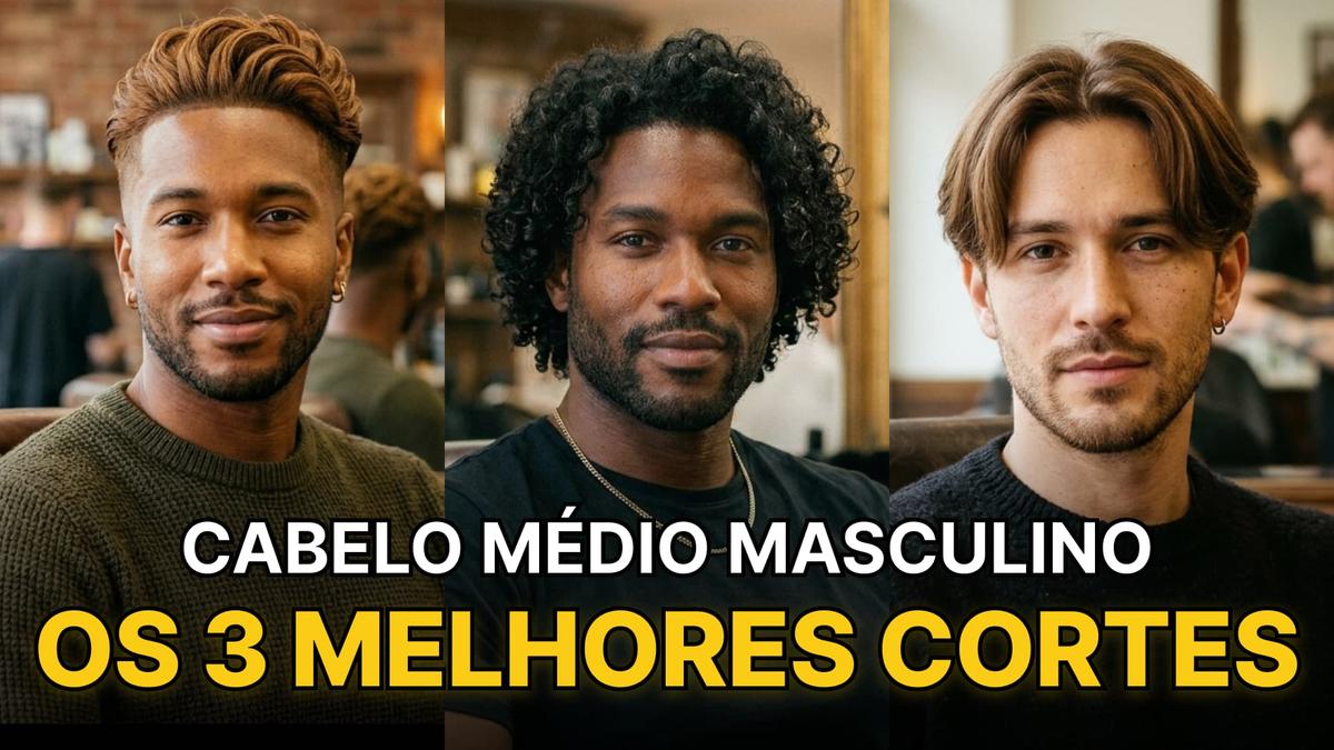 Três homens com cortes de cabelos médios para o fio em crescimento