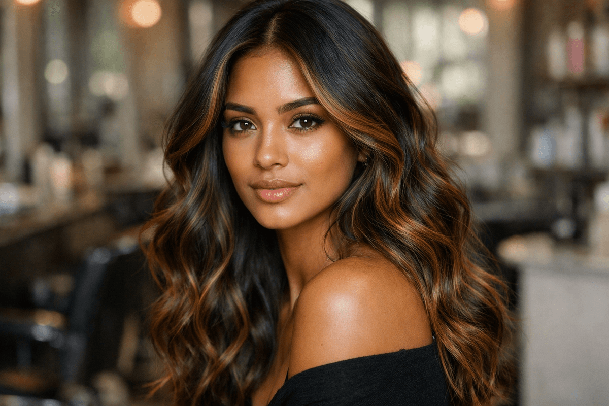 Antes e depois de coloração morena iluminada em cabelo castanho com mechas caramelo