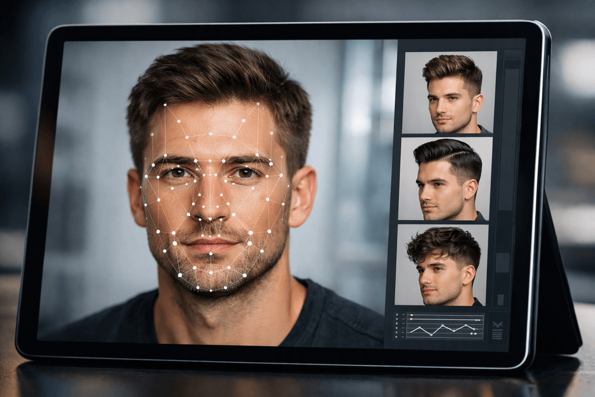 Interface de análise facial por IA mostrando mapeamento de pontos do rosto e sugestões de cortes