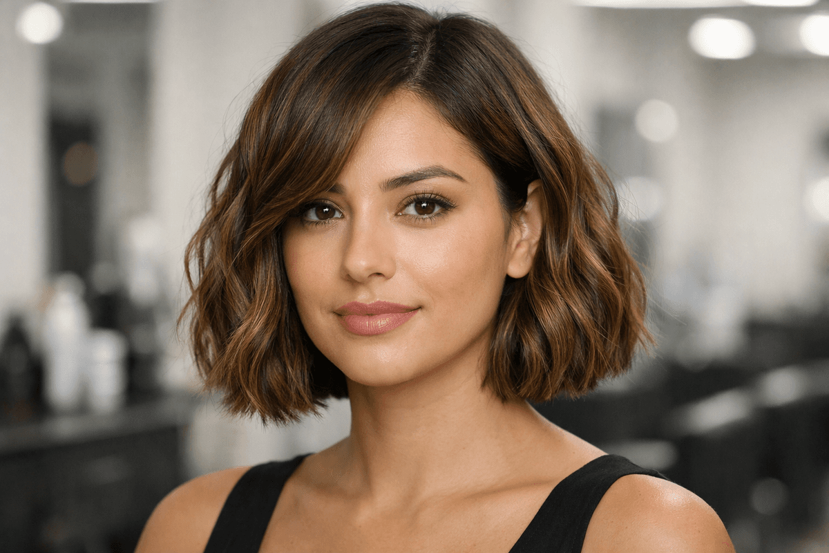 Bob curto para cabelo ondulado feminino, vista frontal, pontas na altura do queixo