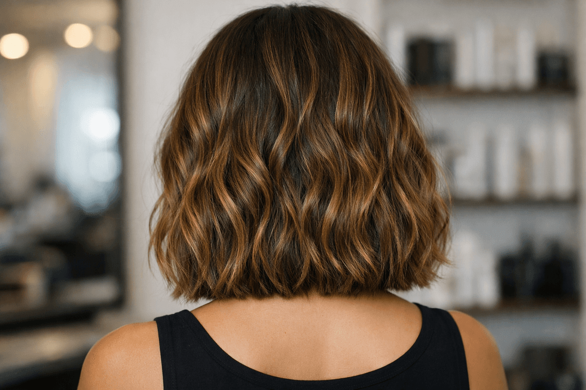 Lob em cabelo ondulado, vista de costas, linha das pontas reta